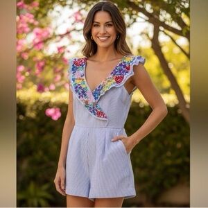 J Marie Purple Stripe Embroidered Romper Pockets Ruffle Floral Multicolor Size L